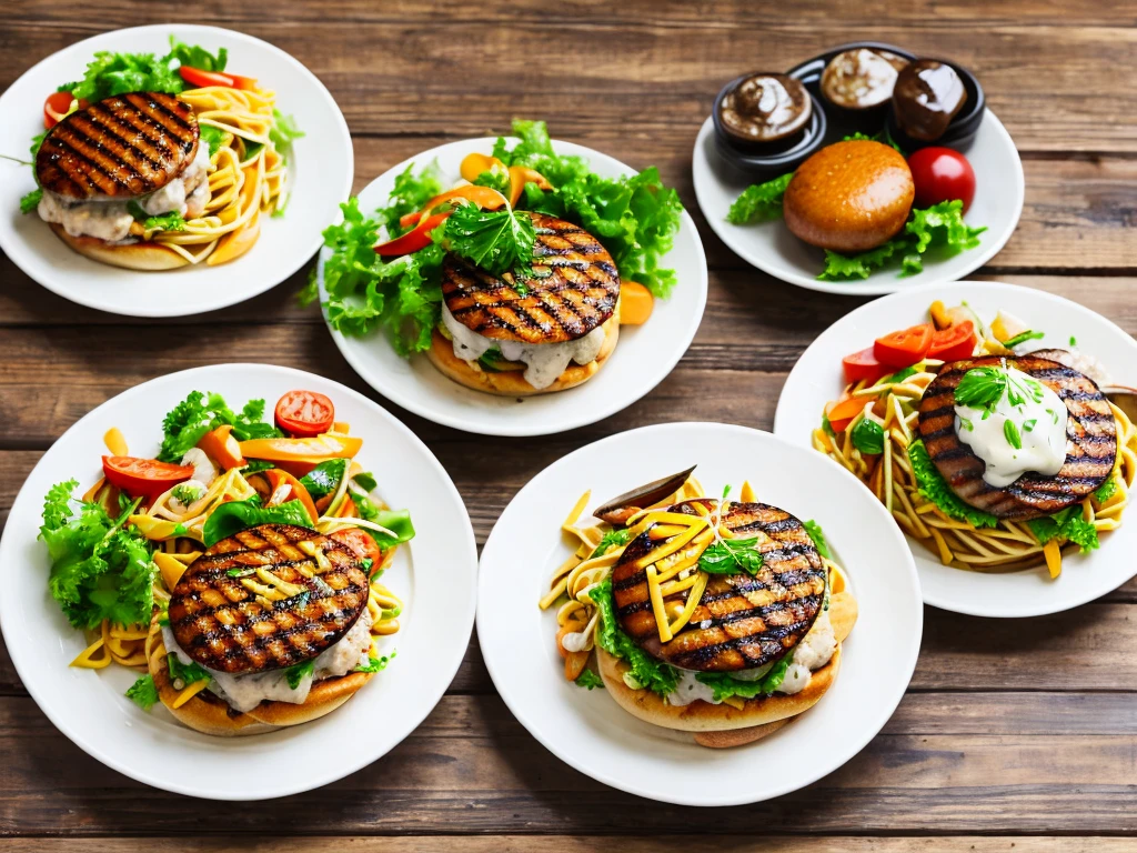 Three white plates each with a hamburger, grilled chicken and seafood pasta.