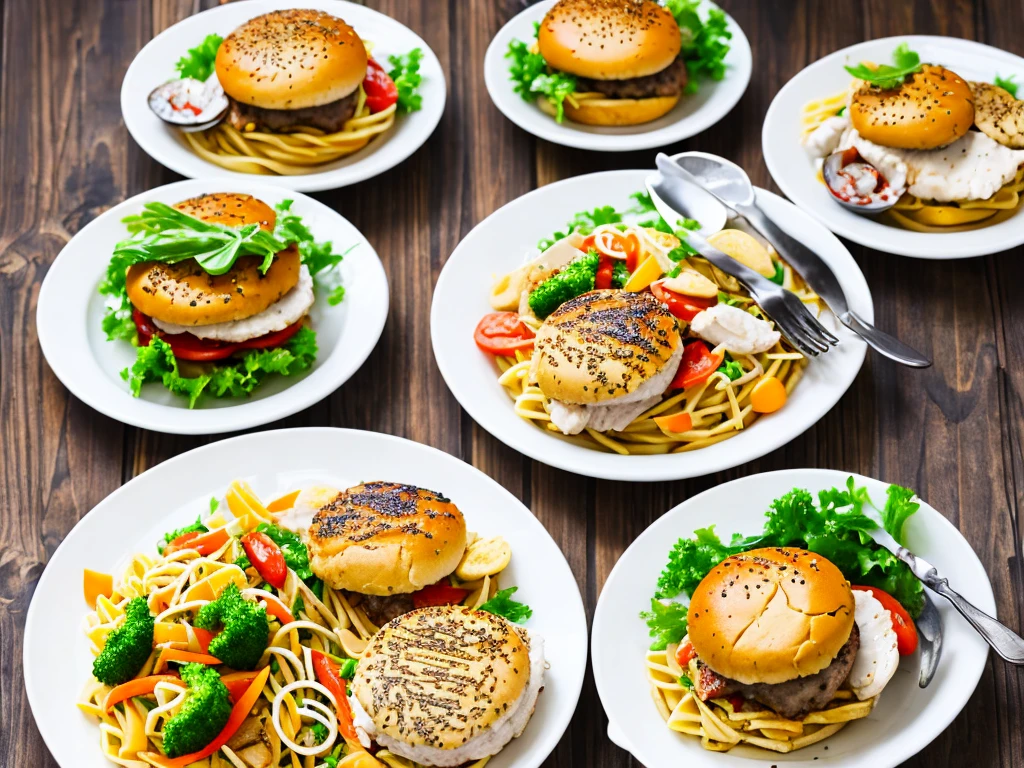 Three white plates each with a hamburger, grilled chicken and seafood pasta.