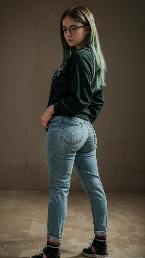 ((masterpiece)), ((best quality)), ((highres)), ((detailed background)), ((extremely detailed CG unity 8k wallpaper)), 1 girl standing straight, big butt, Create a 4K realistic image of a 17 year old nerdy girl, big butt, thin and tallt, big butt

She has green hair, 

young dork

Tall and perky 
Dork 
, nerd clothes, fully dressed

Nerdoutfit, full clothed, dorky clothes, clothed, full outfit, long socks, massive jeans 


Nerd, dork

Massive butt

Facing camera,face front, cute face, face focus, small 


Perfect face, cute face, no errors, 8k, photography 

Dweeb, dork, nerd, chubby, geek