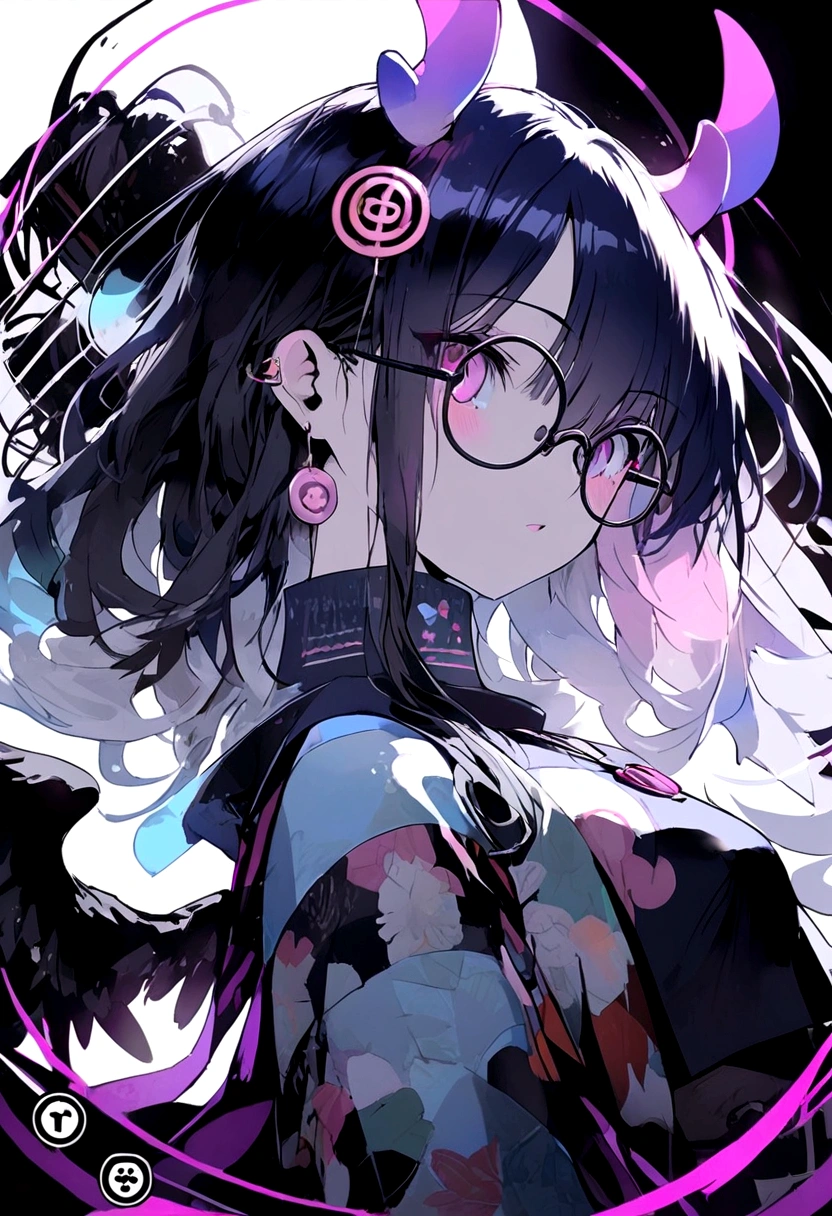 A beautiful anime young woman,with deer horns that has dangling beeds with diamonds,and four black wings,has long dark greyish hair and beautiful black eyes wearing black round rimmed glasses,wears an all black sleeveless turtle neck crop top and baggy jeans