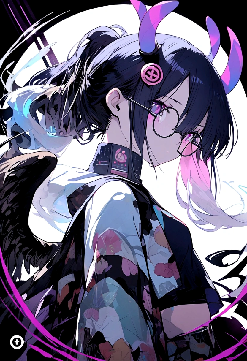 A beautiful anime young woman,with deer horns that has dangling beeds with diamonds,and four black wings,has long dark greyish hair  and beautiful black eyes wearing black round rimmed glasses,wears an all black sleeveless turtle neck crop top and baggy jeans 
