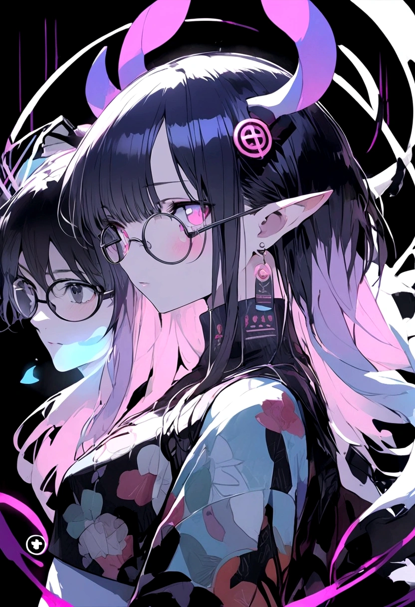 A beautiful anime young woman,with deer horns that has dangling beeds with diamonds,and four black wings,has long dark greyish hair and beautiful black eyes wearing black round rimmed glasses,wears an all black sleeveless turtle neck crop top and baggy jeans