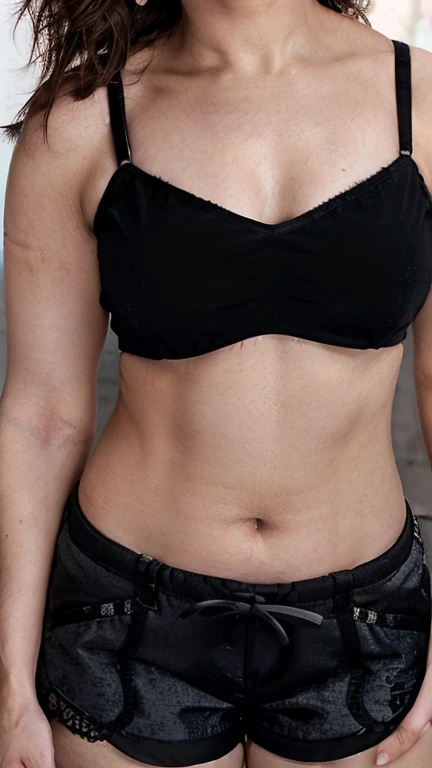 a 35 year old model, wearing casual clothes, showing on abdomen, below the navel, a barely noticeable plastic surgery scar.