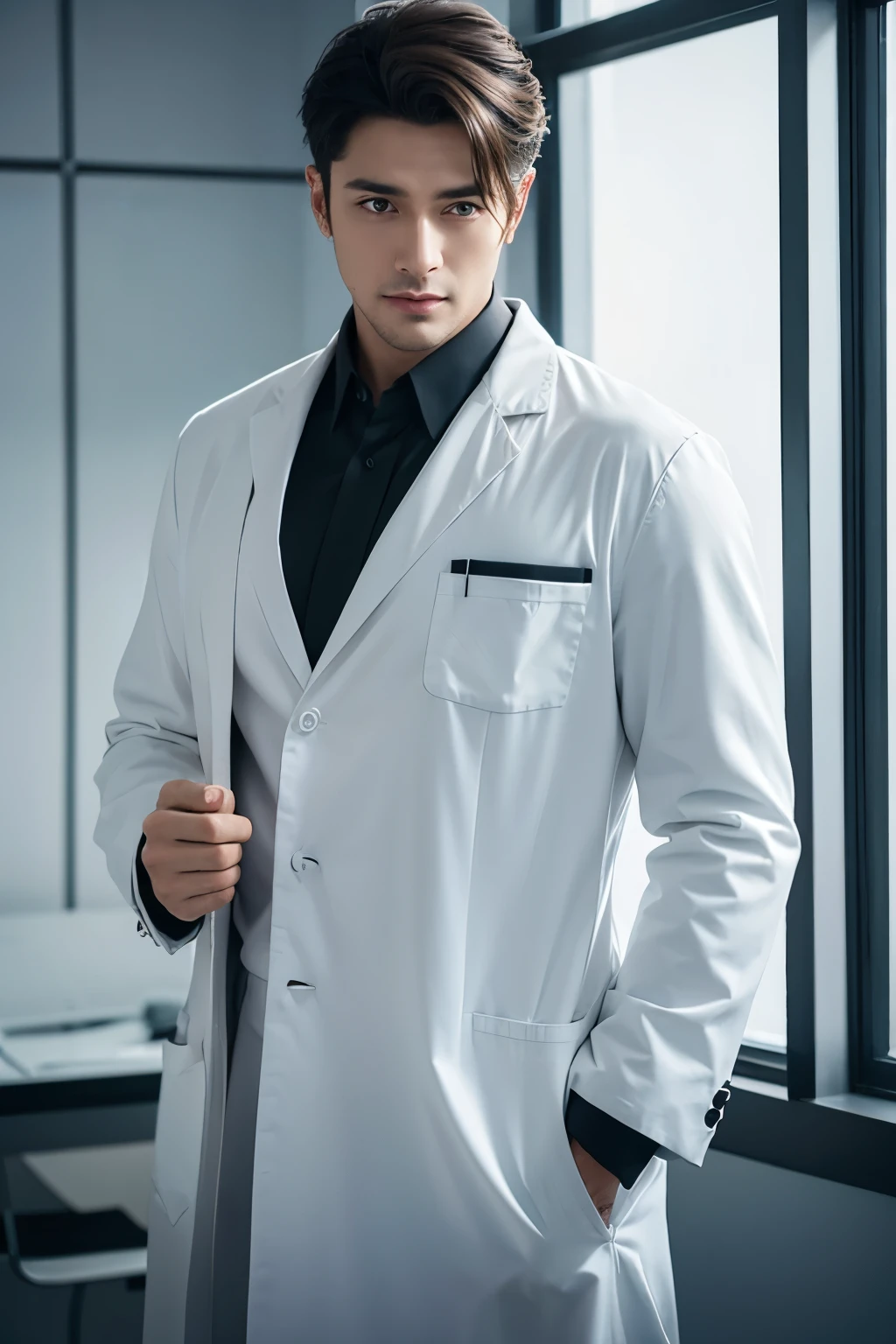 Handsome male forensic scientist in white coat and black suit