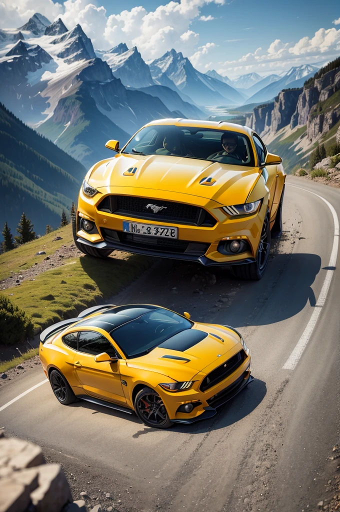 Yellow FORD MUSTANG GT 2008 ULTRA REALISTIC WITH two modern mountain on the roof in front of A DREAMY BACKGROUND in a Swiss mountain landscape LATE IN THE AFTERNOON. In the foreground is also a bistro table with two GIN drinks. ULTRA REALISTIC, CAR DIAGONAL WITH HEADLIGHTS NEAR THE CAMERA 4K WIDE ANGLE.