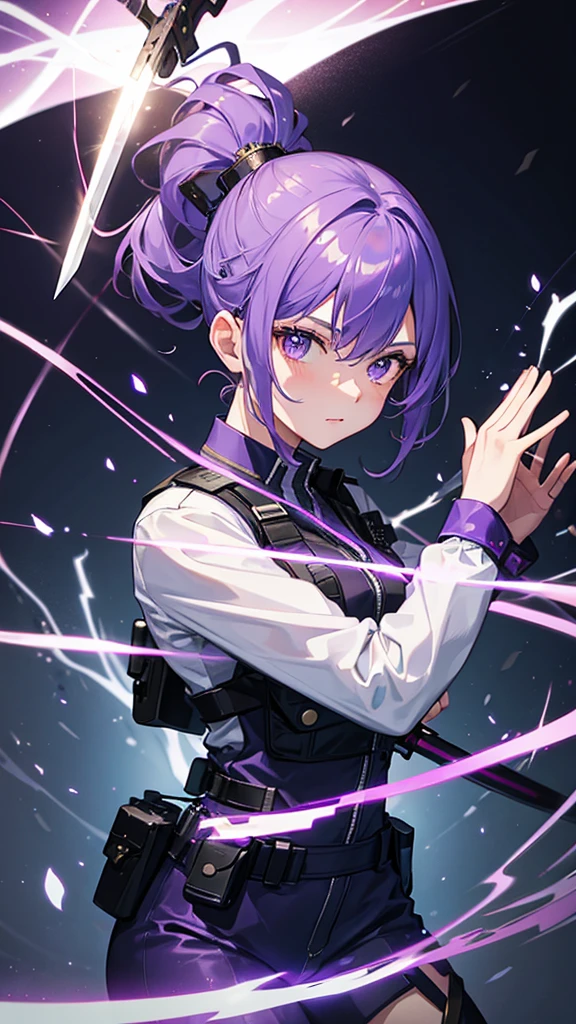 Girl in a police suit holding a sword with a lightning background with purple hair with a flower in her hair