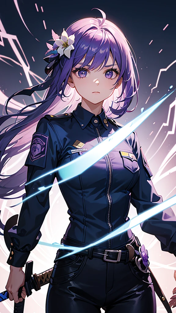 Girl in a police suit holding a sword with a lightning background with purple hair with a flower in her hair