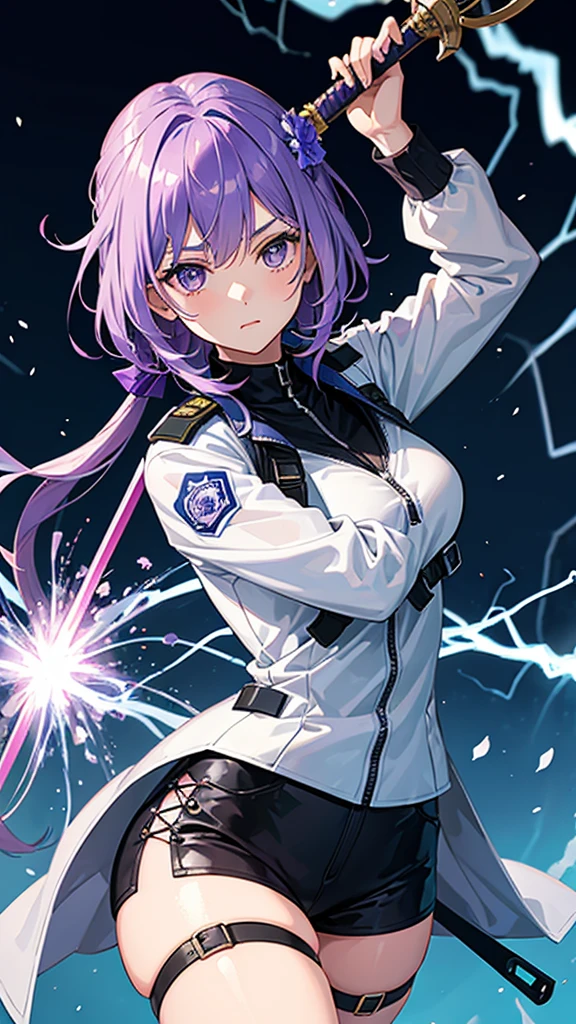 Girl in a police suit holding a sword with a lightning background with purple hair with a flower in her hair 