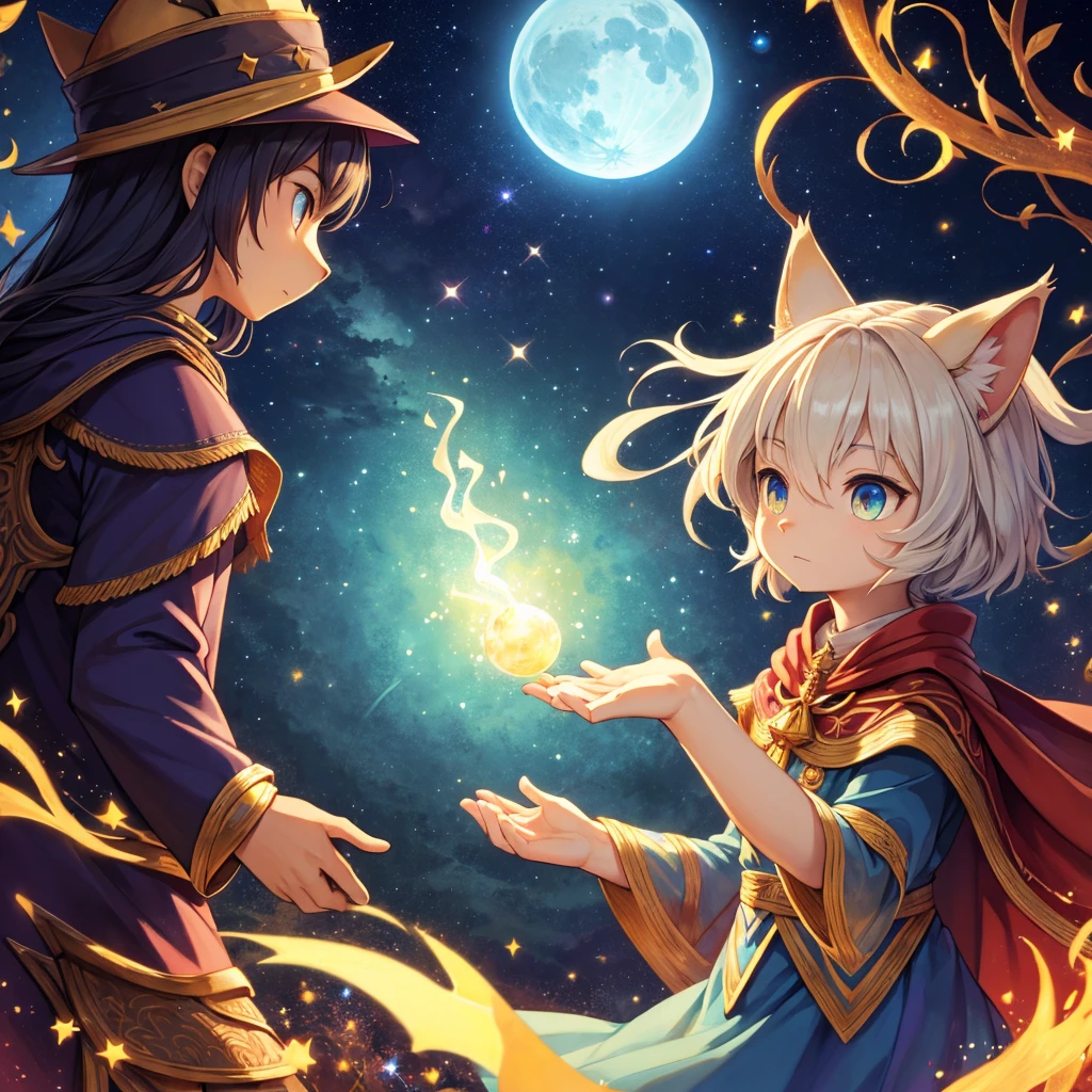 Em um vilarejo antigo, vive um gato muito especial, conhecido por todos como o Gato-Mago. De olhos esmeralda brilhantes e uma pelagem cinzenta como a noite, ele veste uma capa de mago que reluz com estrelas cintilantes. A capa, longa e majestosa, It is embroidered with mystical symbols that seem to shine in the moonlight. with an air of mystery, ele percorre as ruas com passos silenciosos, its enigmatic presence attracting looks of admiration and respect. The Magician Cat is no ordinary feline. He has magical abilities that leave the villagers amazed.. Your pointy hat, adornado com uma lua crescente, Swings gracefully with every movement. The children run after him, hoping to see some magic trick. He is known for his wisdom and helping those in need, whether with a simple spell for a bountiful harvest or with wise advice to resolve disputes. Nas noites estreladas, o Gato-Mago pode ser visto sentado no topo do monte mais alto, meditating and communicating with cosmic forces. They say he is the keeper of ancient secrets and that his mission is to protect the balance between good and evil.. Village elders often look to you for guidance in times of uncertainty. Even the most skeptical cannot deny the power and mystery that emanate from the Cat-Mage. Your starry cape is a symbol of hope, um lembrete de que a magia, even in the most difficult times, sempre encontra um jeito de se manifestar.