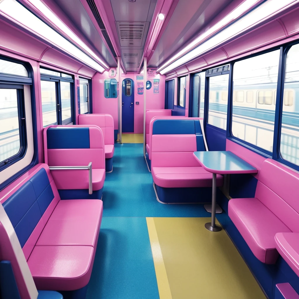 generate a consistent image source of an interior of a empty train with pink seats, pastel colors, anime aesthetic, anime aesthetic, inside the train, japan travel aesthetic, aesthetic award winning anime, kawaii aesthetic, bus, train, anime scenery, colorful anime movie background, ffffound, screenshot from a 2012s anime, anime background art, transport design, tumblr aesthetic, anime vibes, mirrored windows, the interior of a train with pink seats, inside the train, inside of a metro train, inside an underwater train, cyberpunk elevated train, transport design, neo vaporwave, kawaii aesthetic, transportation design render, trams ) ) ), transportation design, chiho aoshima color scheme, highly detailed interior, cute! c4d, big train in space