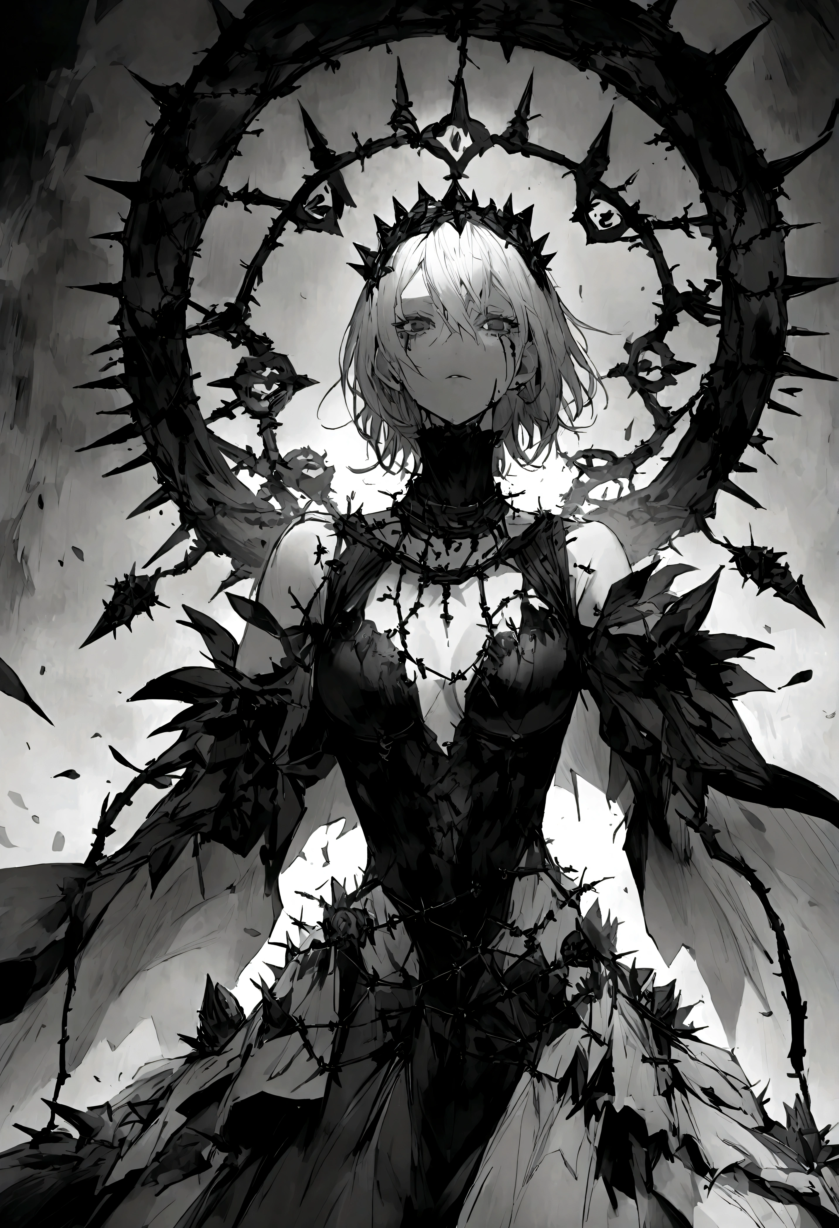 ((best quality)), ((masterpiece)), (detailed), 1girl, Character design, female, dynamic poses, long white grey hair, grey white eyes, very skinny, detailed, best quality, no accesoires around the neck, no shoes, prominent collarbones, skinny arms, flat stomach, visible hip bones, full body, blank white background, plain background, white background, red and white clothing, Bloodborne inspired, occult aesthetic, occult, detailed and intricate steampunk and detailed gothic, NSFW, Very dramatic and cinematic lighting, cosmic horror, grim-dark, side-lighting, perfect face, NSFW, Fluttering lace flared long knee length dress with frilly petticoats, knee length dress, pleated petticoats, petticoats gothic, complex lace boots, side-lighting, gothic aesthetic, wielding a mighty sword with mechanical components, mandalas, small breasts, a fairy, various different types of insect wings, NSFW, full body, whole body, body, plain background, white background, blank background, no background, white background NSFW, chains, full body, whole body, head-to-toe NSFW