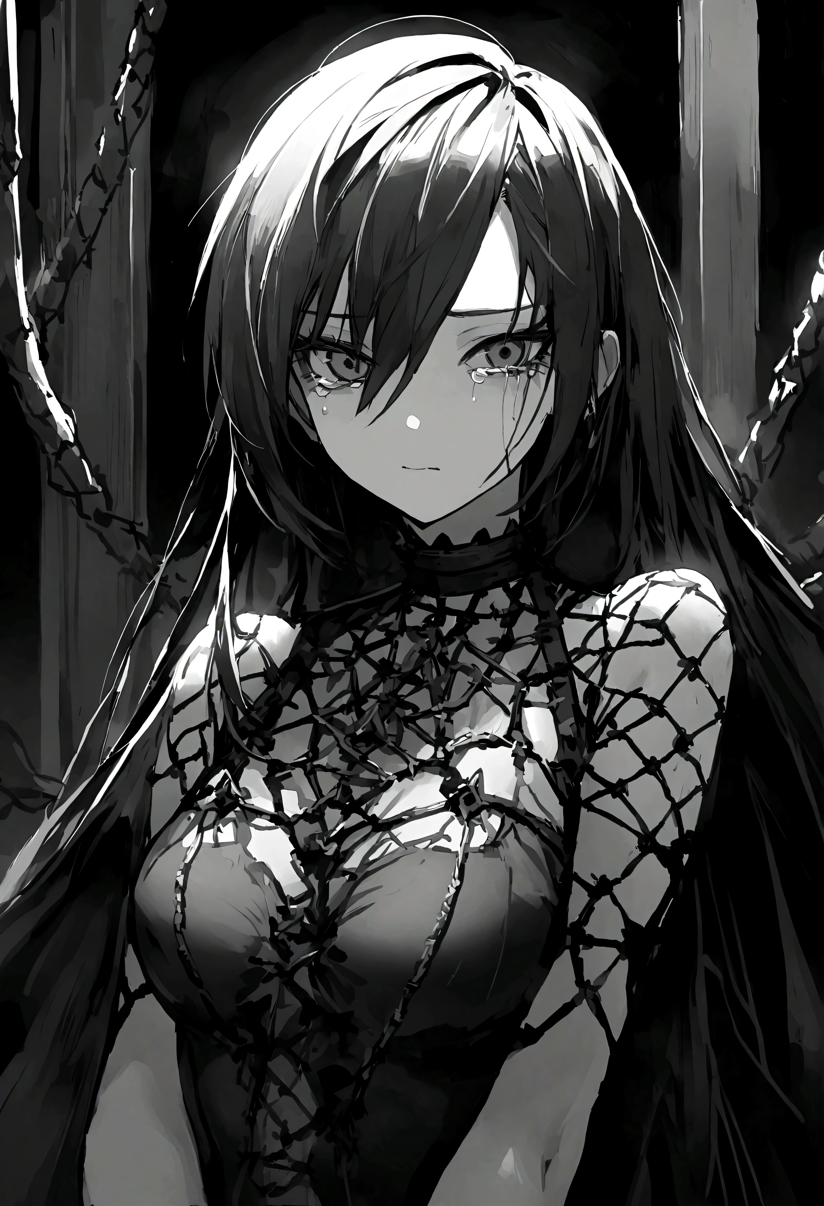 garota and roupas cybersigilism gotica, and (Barbed wire through the body) cabelo preto and pontas branca,1 girl,Black Tears,Black and white