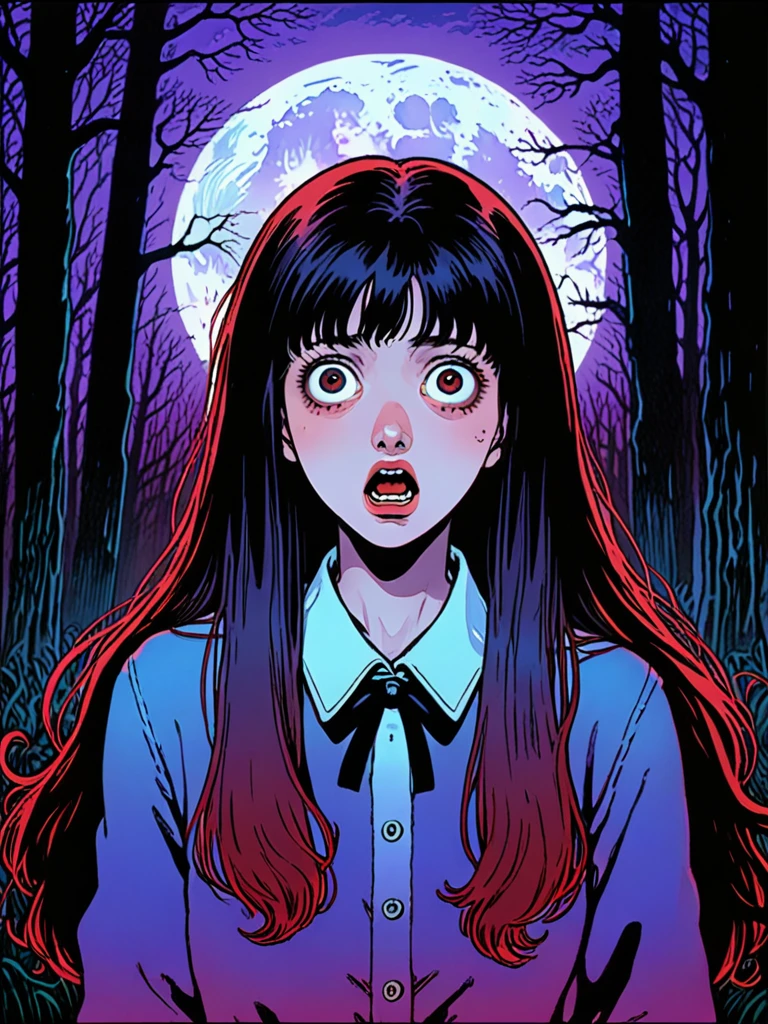 illust、art、from 80s horror movie, directed by Junji Ito、Moonlit Night、Dark Forest、Among the countless graves、A woman with a scared expression、Overaction、Overreaction、Acting frightened、high detail, realsitic shadow、Analog style, vhs style, 8mm film, chromatic aberration, Dvd screengrab、Blue-purple and red-purple gradation