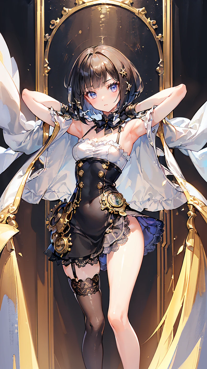 (((masterpiece, highest quality, Very detailed))), 1 female, (((very thin body))) , (((length, Thin legs))), (((Black short bob, Thick and fluffy bangs ))), (((Very detailedな顔))), Cosmetics are not permitted, Small, thin nose, Thin mouth and small lips, (((Extremely sharply focused eyes))), Precise pale grey eyes with large slits, Shining like a jewel, length eyelashes, ((Highly decorative and complex mechanical steampunk fashion, Lace Flare Mini Skirt, Above-the-knee lace stockings, Lace Off Shoulder Lolita Fashion, Overly decorative fashion)), Abandoned Night, Complex mechanized steampunk factory catches fire、explosion, (((Overall accuracy has been significantly improved, creating a Very detailed and realistic image))), Ultra-realistic photos., ((15-year-old girl, slim, Narrow waist, Thin thighs, Thin arms)), ((Raise your arms, Please show me your armpits))