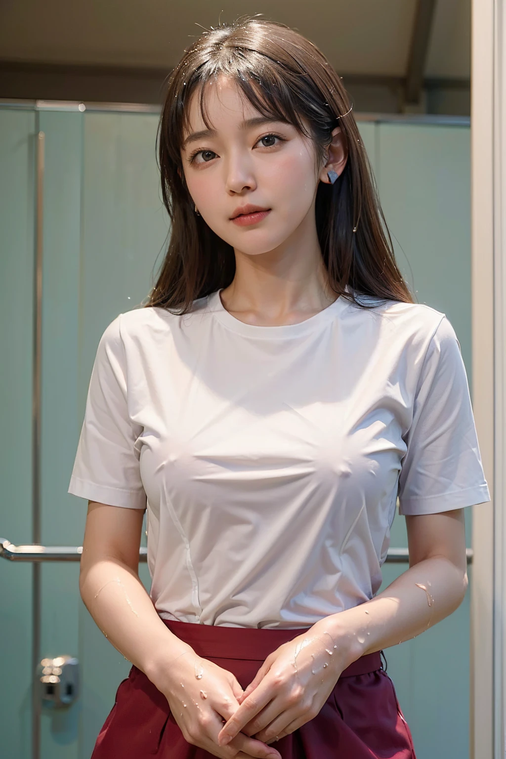 ((NiziU-AYAKA)), ((Completely naked)), G-cup bust, early 30s, medium to long hair, beautiful forehead, black hair, very cool, ((short stature, infantile build, Chubby)), whole body, (embarrassed look), cute face, (High Resolution, Highest Resolution, Ultra Definition, Masterpiece, top quality), office, conference room, meeting, masterpiece, 8k, best quality, ((Bathroom, shower, white T-shirt, wet and see-through, no bra, nipples visible)), (beautiful five fingers), best quality, ((NiziU AYAKA)), masterpiece, best quality,((NSFW))