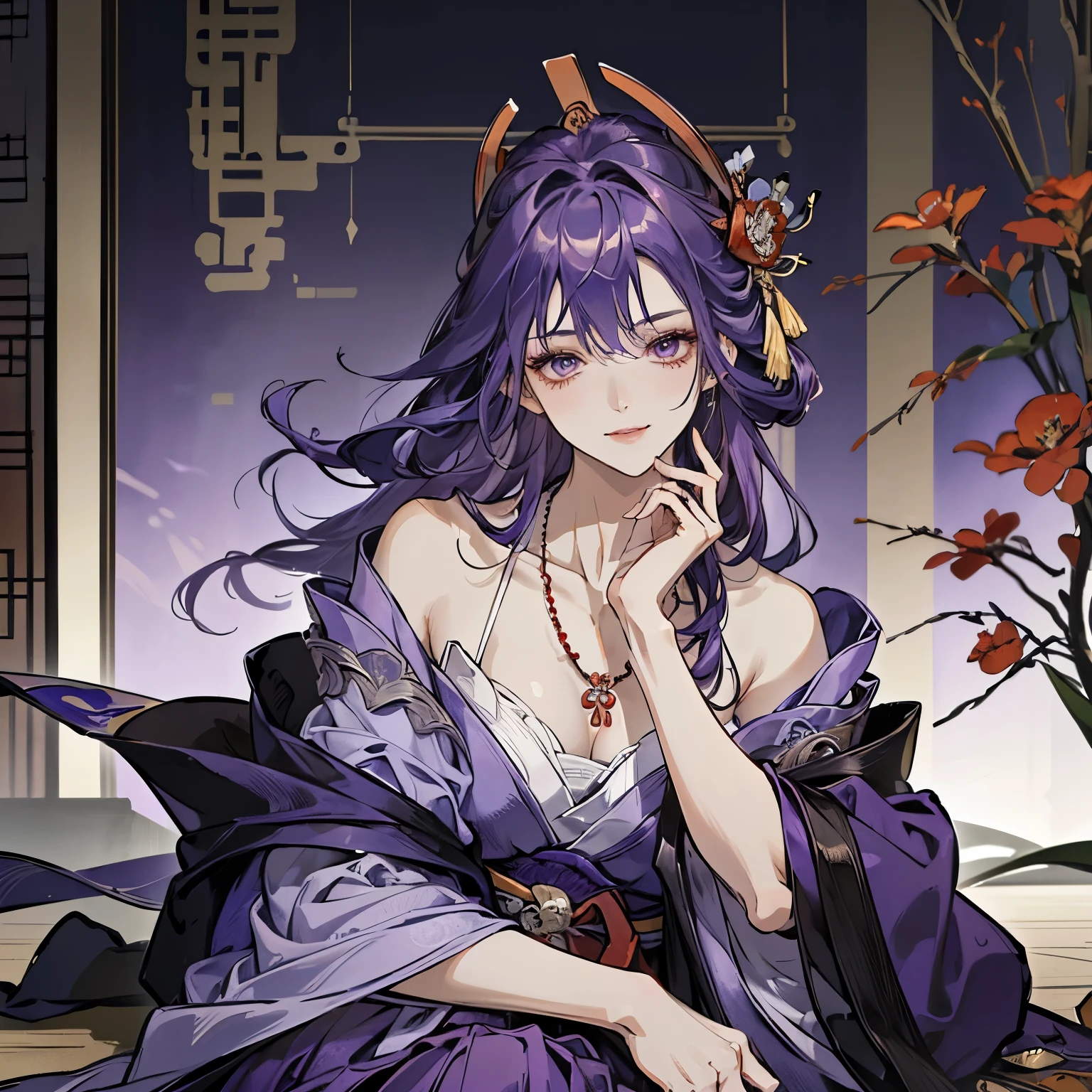 Best quality at best, Ultra-high resolution, (((1 girl))), (Raiden Shogun - Genshin Impact) , (Long purple hair), (violet eyes), (Chinese clothes), (((Red Flowers necklace around her neck))), (Ultra Long Skirt), ( Smile), Hanfu, Yarn, (focal), (((Colorful))), particle fx , tmasterpiece, Best quality at best, beautiful painted, meticuloso, highly detailed, (tmasterpiece, Best quality at best） CG unified 8K wallpaper，((sitting chinese manshon/room)) tmasterpiece，Best quality，ultra - detailed）, Super HD picture quality