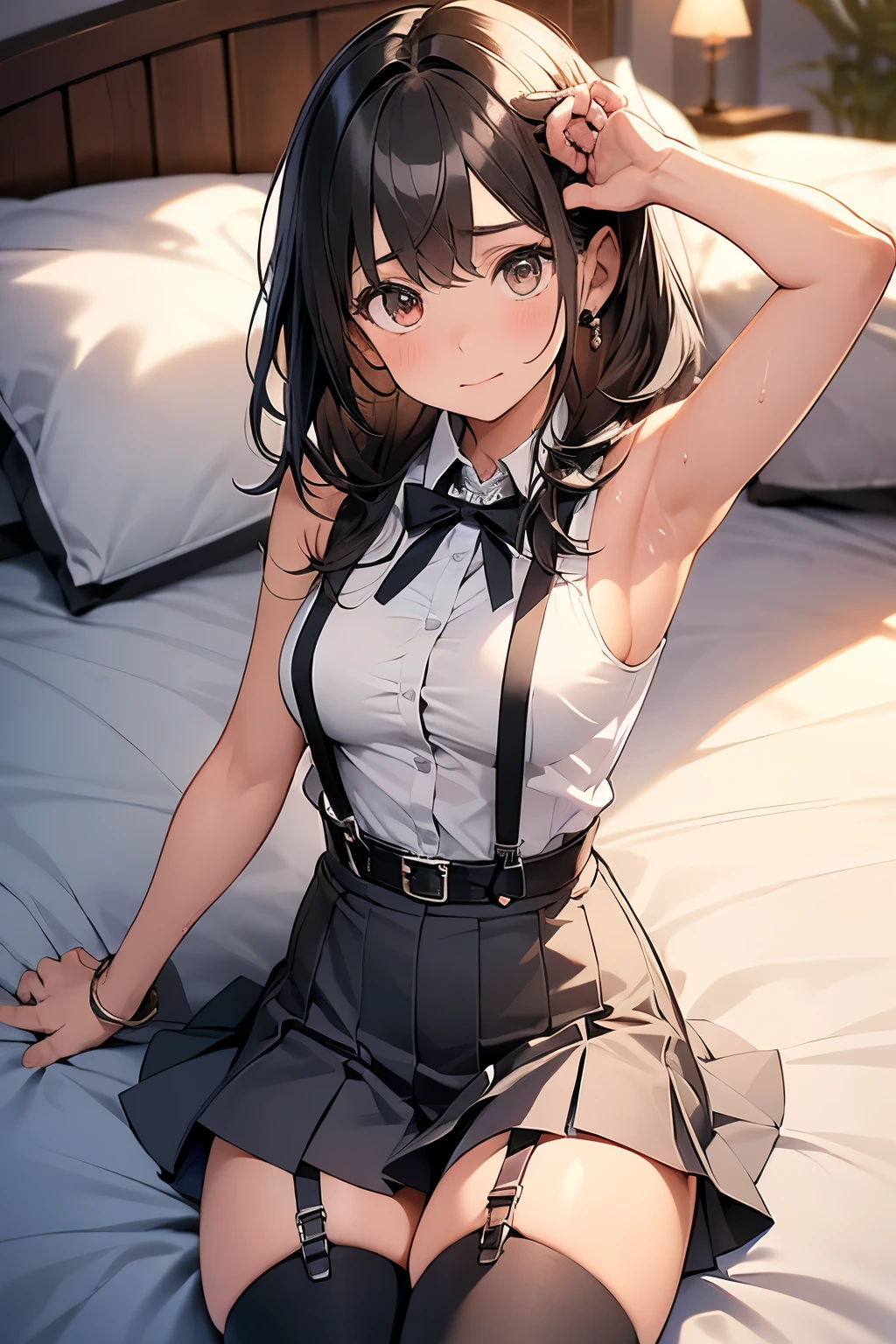 Gazing at the audience Black suspenders bulging big breasts wall mini skirt garterbelt garter vision Small face holster Beautiful woman Show me your hands Lying in bed vision Taunt ~ side ~ side汗 arm belt summer Armpit sweat