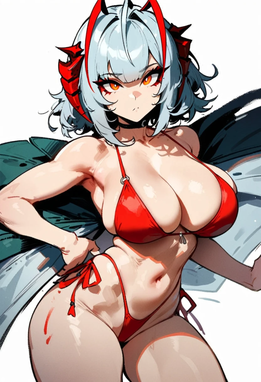1girl, W \(arknights\), arknights \\\\\ masterpiece, best quality, very aesthetic, absurdres, newest \\\\\\ slim body,///// ,by nyantcha,cutesexyrobutts , by khyle,,////// ,,solo,, , ,,detailed face, , ,, , , , , beautiful face, (white background:1.2), , sexy, , orange eyes, , , rating:nsfw,(bikini:1.2), red bikini,big tits,), in the center of the frame, to tight swimsuit,short hair, highleg bikini, side-tie bikini , polca-dot, rough sketch