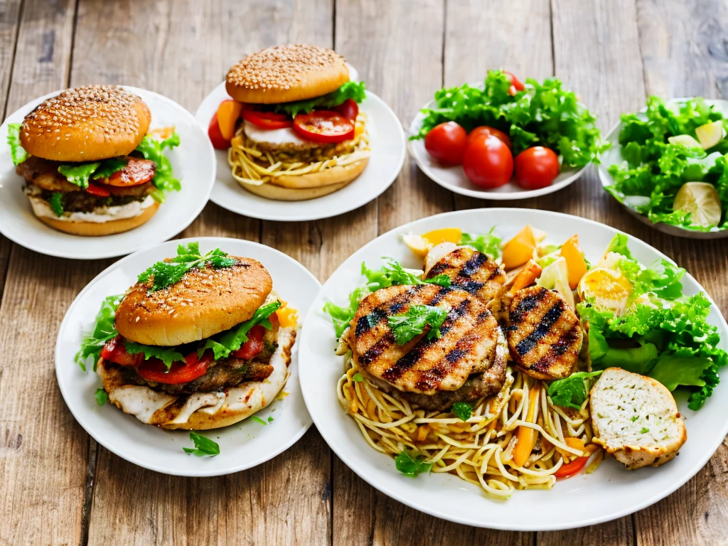 Three white plates each with a hamburger, grilled chicken and seafood pasta.