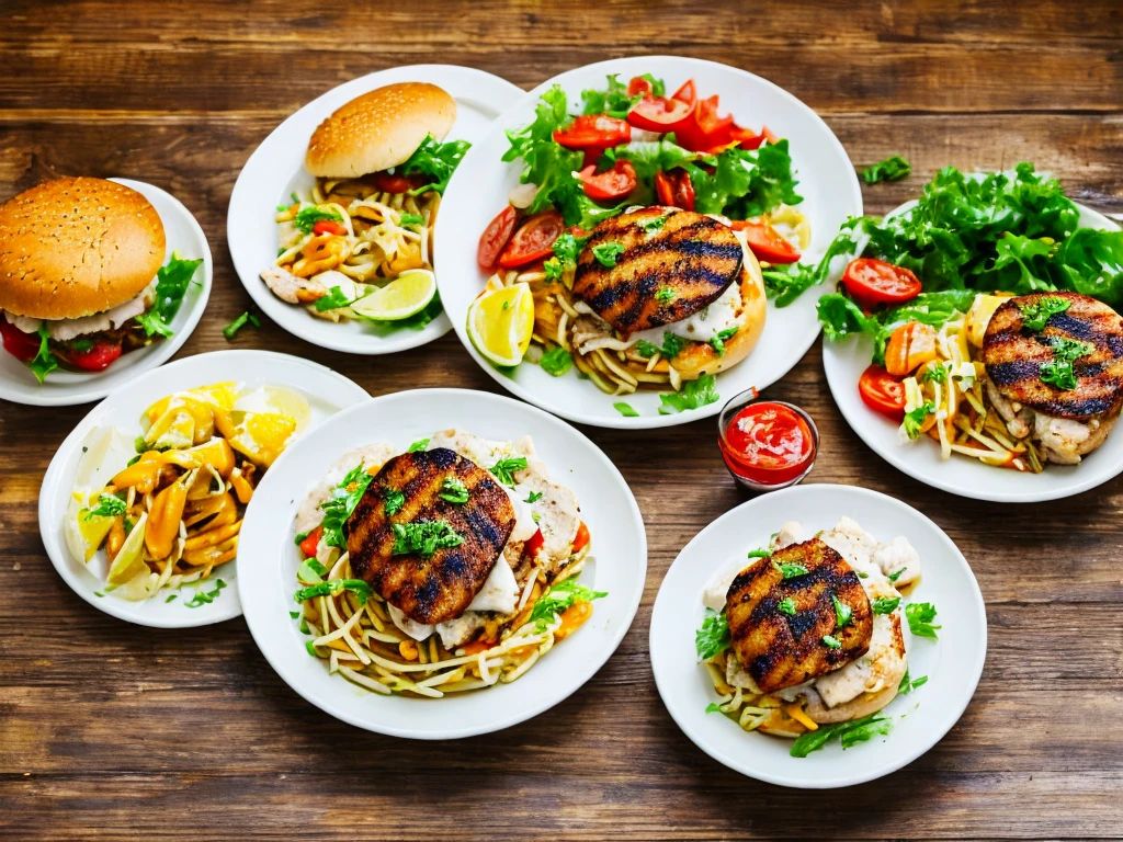 Three white plates each with a hamburger, grilled chicken and seafood pasta.