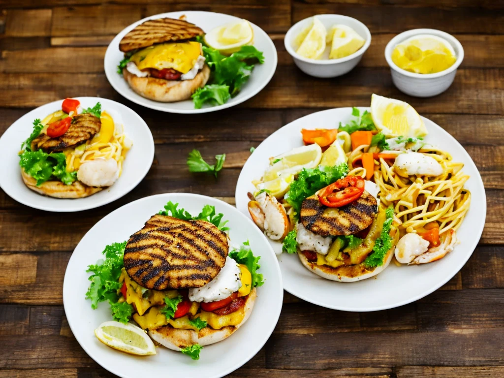 Three white plates each with a hamburger, grilled chicken and seafood pasta.