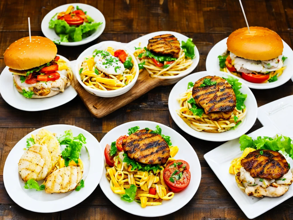 Three white plates each with a hamburger, grilled chicken and seafood pasta.