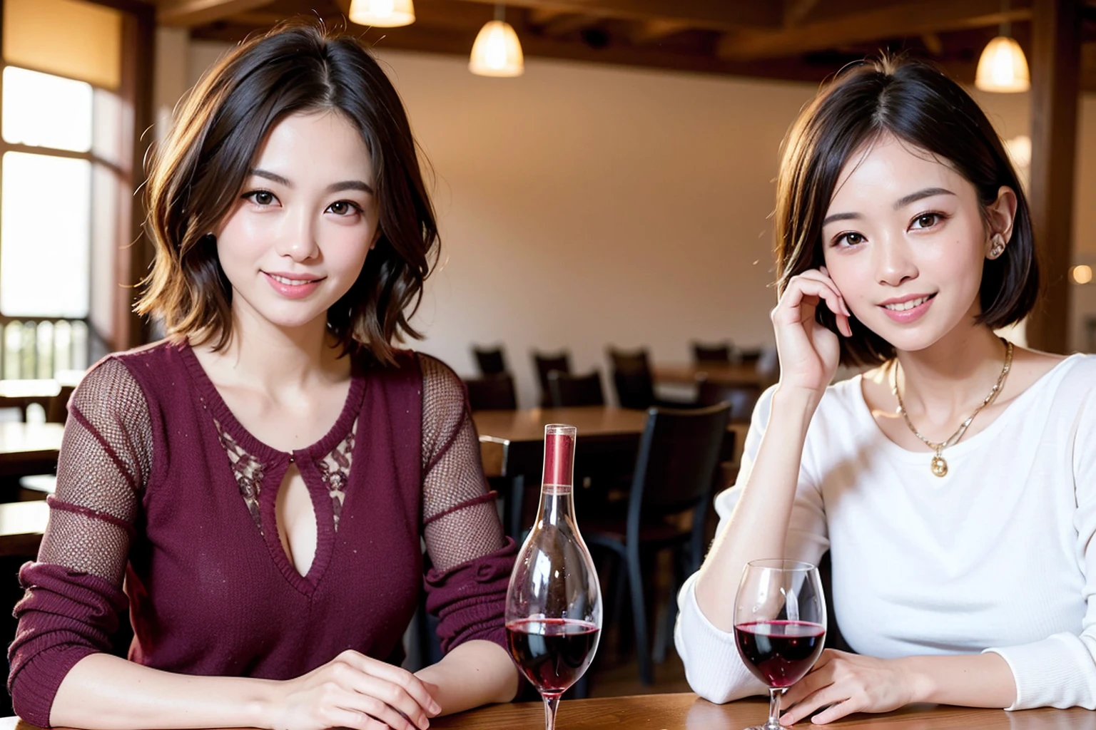 ((highest quality、8k、masterpiece:1.3))、 (Genuineistic, Genuine、Bright image、Intricate details:1.2), 最高のsmile 男性1人 女性1人、Beautiful couple、spouse、Engaged Couple、family、actress、model、smile、full-course dinner、 (Slim face), (the body is slim), (Brown Hair), (short hair), テーブルの上のwine glass、Please shine a light on my face、 Amazing view of the sunset sky and clouds、 (Age 37), 41 years old, red wine 、Appetizers、Wine bottle、sparkling wine、Long sleeve shirt、dress、White wine, red wine, wine glass,