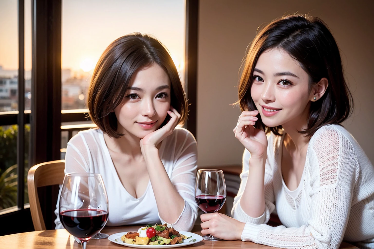 ((highest quality、8k、masterpiece:1.3))、 (Genuineistic, Genuine、Bright image、Intricate details:1.2), 最高のsmile 男性1人 女性1人、Beautiful couple、spouse、Engaged Couple、family、actress、model、smile、full-course dinner、 (Slim face), (the body is slim), (Brown Hair), (short hair), テーブルの上のwine glass、Please shine a light on my face、 Amazing view of the sunset sky and clouds、 (Age 37), 41 years old, red wine 、Appetizers、Wine bottle、sparkling wine、Long sleeve shirt、dress、White wine, red wine, wine glass,