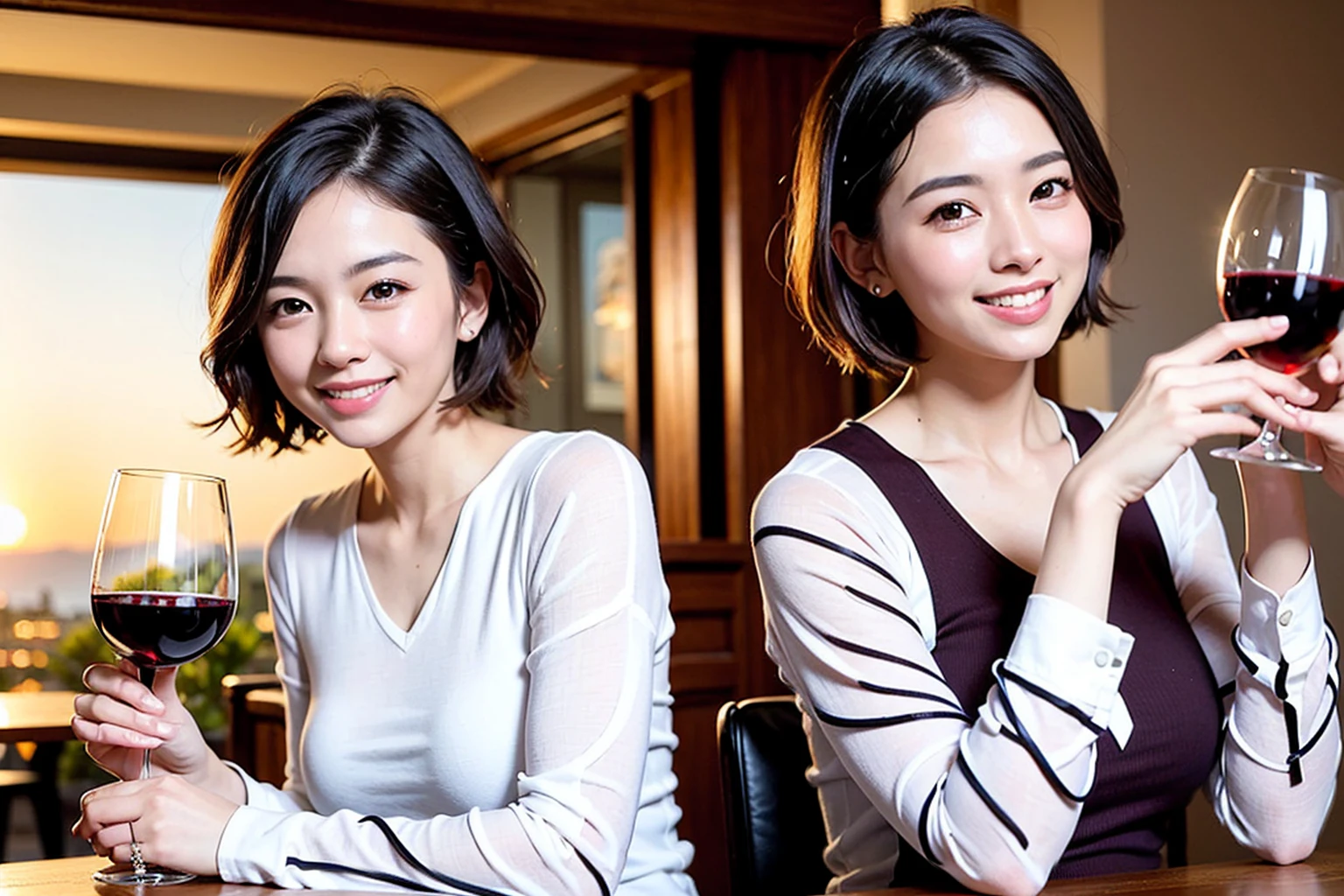 ((highest quality、8k、masterpiece:1.3))、 (Genuineistic, Genuine、Bright image、Intricate details:1.2), 最高のsmile 男性1人 女性1人、Beautiful couple、spouse、Engaged Couple、family、actress、model、smile、full-course dinner、 (Slim face), (the body is slim), (Brown Hair), (short hair), テーブルの上のwine glass、Please shine a light on my face、 Amazing view of the sunset sky and clouds、 (Age 37), 41 years old, red wine 、Appetizers、Wine bottle、sparkling wine、Long sleeve shirt、dress、White wine, red wine, wine glass, 
