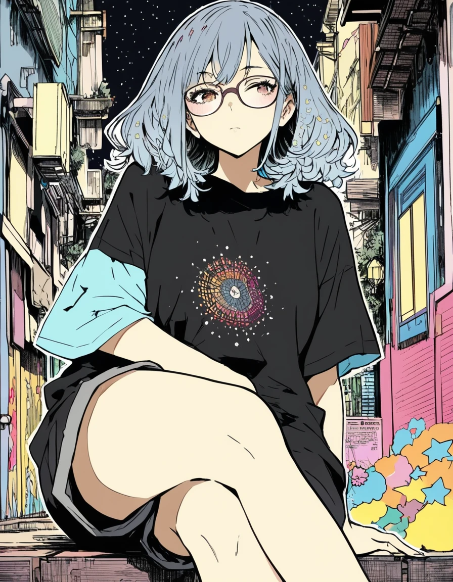 ultra-detailed:1.3, ultra delicate and detailed face:1.3, (absurdres, texture, masterpiece), pixiv contest winner, by Posuka Demizu, dynamic manga-style illustration of girl with glasses,sitting with crossed legs, starry sky inner hair,dark aesthetic,euphoric,oversized t-shirts,black shorts,beautiful woman,old alley background, dozing,crayon color zentangle,outline,anime key visual,