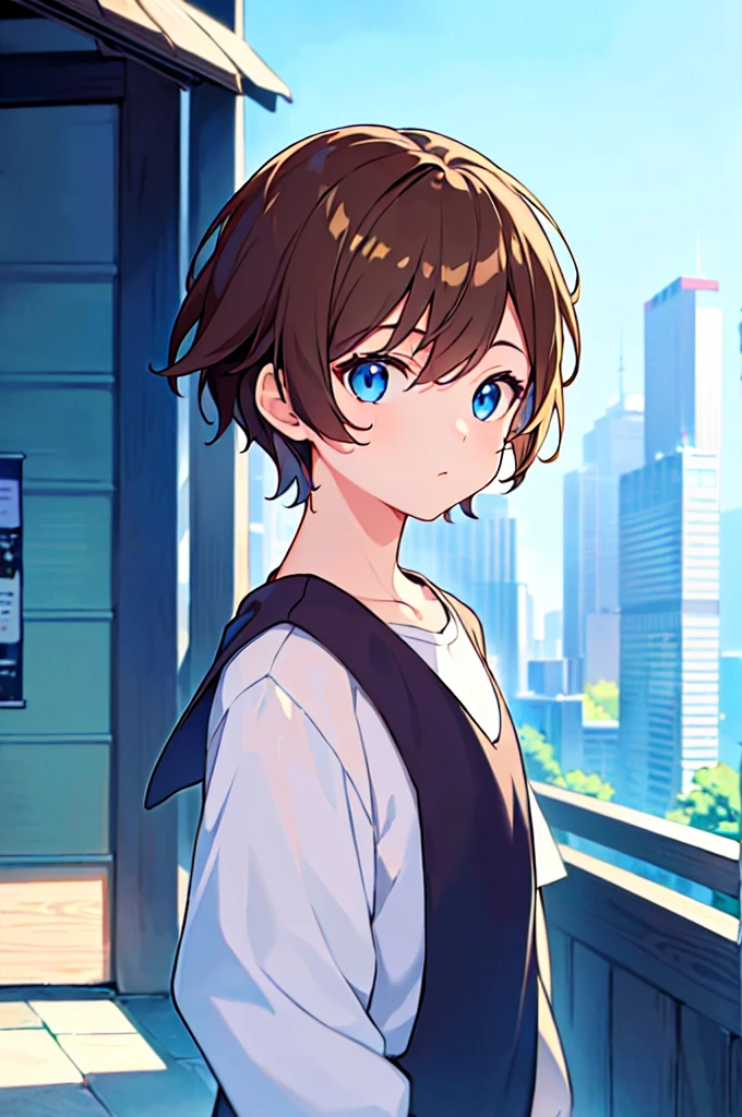 [(CITY BACKGROUND:1.5),::5], (((masterpiece))), high quality, very_high_resolution, large_filesize, full color, Solo, (1 little boy), 13 old year, (short brown hair), vivid color, Blue eye, summer clothes, upper body, anime style
