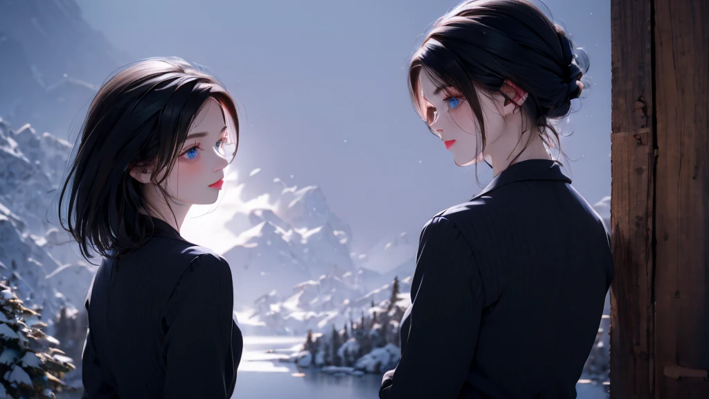 1 girl, medium light black hair, light blue eyes, wearing black suit, night city, 18+ , high res, ultrasharp, 8K, masterpiece, looking from behind