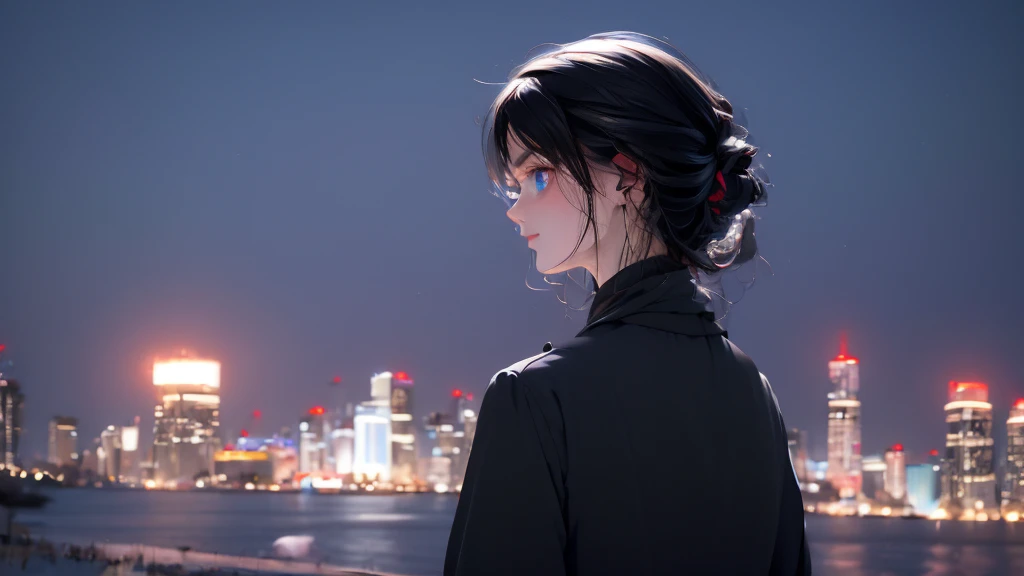 1 girl, medium light black hair, light blue eyes, wearing black suit, night city, 18+ , high res, ultrasharp, 8K, masterpiece, looking from behind