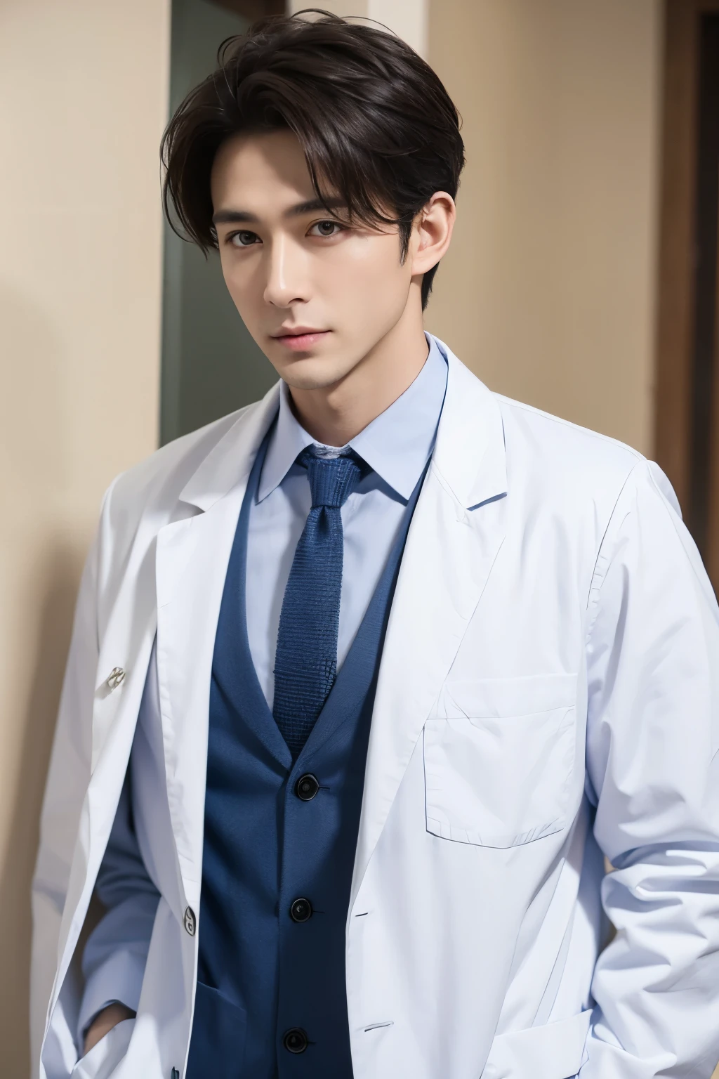 Handsome doctor in white coat, Upper Body