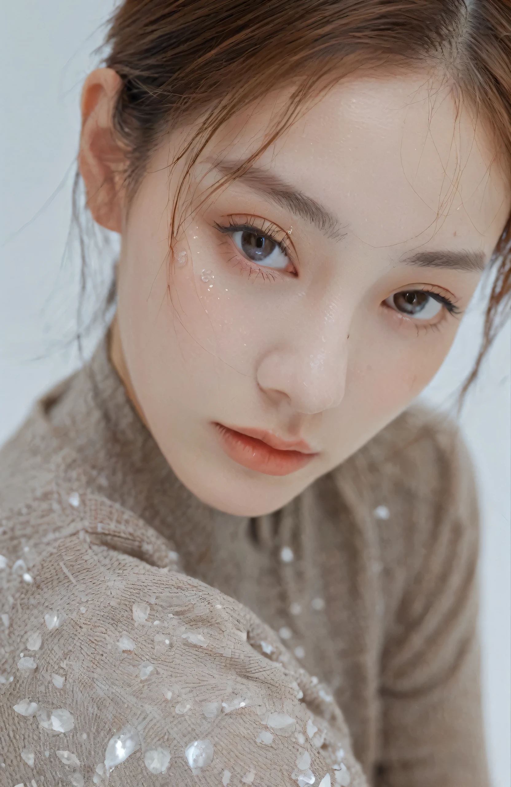 xxmixgirl, analog style, eye focus, highest quality, (highly detailed skin), photo of a exquisitely beautiful pale skin, 21yo, perfect face, alluring eyes, (seductive makeup: 1.3), skin pores, (bokeh:1.5), sharp focus, dappled lighting, (backlighting), film grain, (highly detailed, intricately detailed), 8k, HDR, front view, studio light, Ultra-detailed face, Detailed eyes, (Double eyelid: 1.4), Alice toggle, brown eye, (commercial: 1.4), 1girl wet tshirt water drops, (splash detailed), (seductive makeup), (sunkissed), ((white studio background: 1.5))