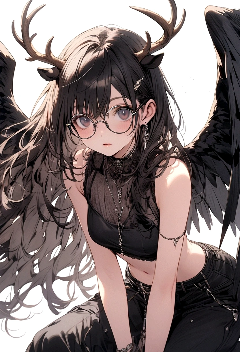 A beautiful anime young woman,with deer horns that has dangling beeds with diamonds,and four black wings,has long dark greyish hair and beautiful black eyes wearing black round rimmed glasses,wears an all black sleeveless crop top and baggy jeans