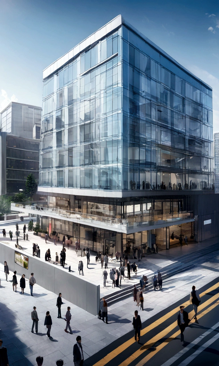 create a backgroung 1800 x 500 showcasing an office building with people writing and a very professional settings ina photo type realistic way: higlighting a business atmosphere