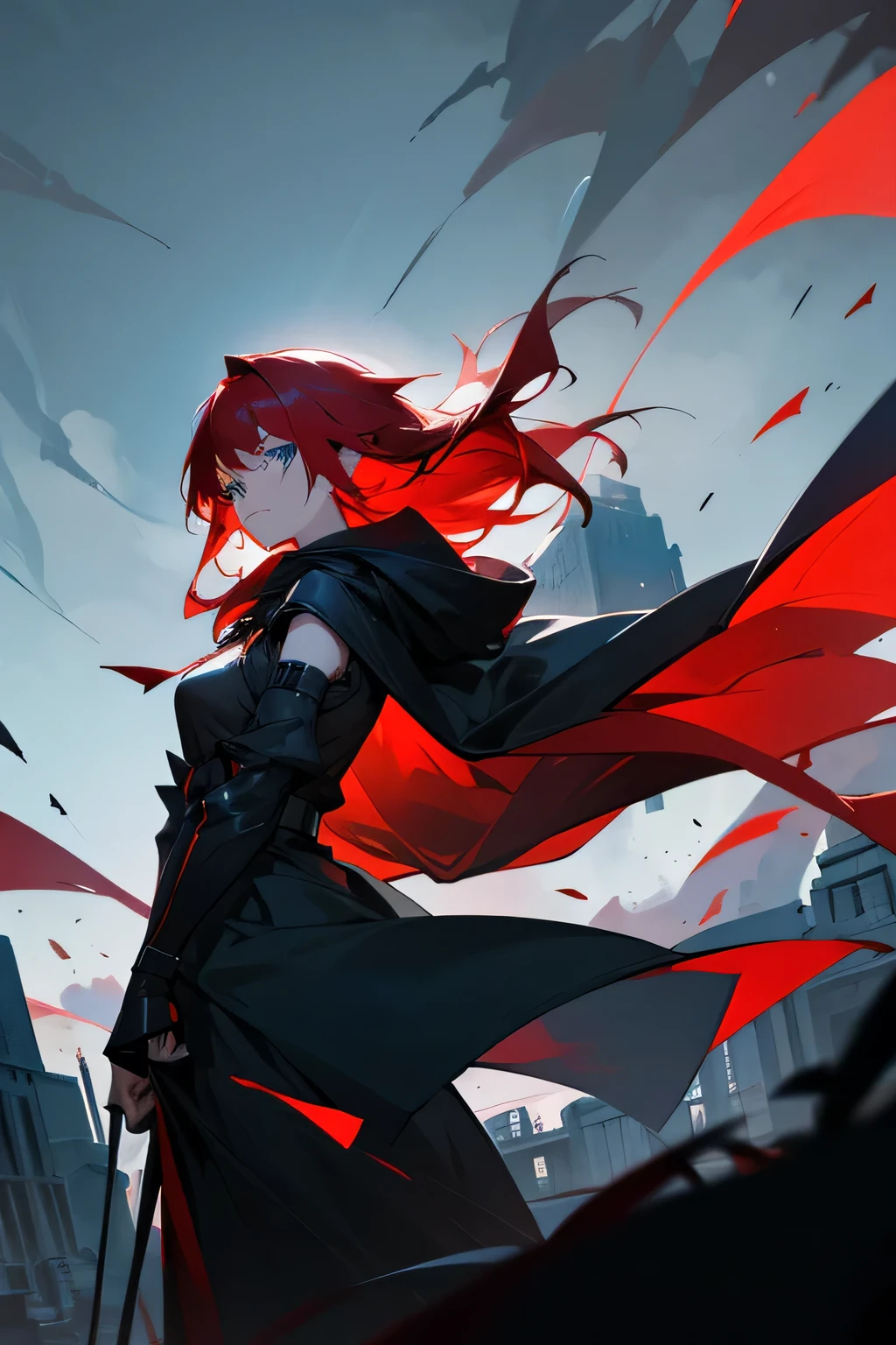 Red Hair、scratch、Shoulder-length hair、Black clothes、I'm wearing a hood、The whole body is sideways、blue eyes、Larger breasts、The wind is blowing、wilderness、Sad face、Dark Sky、ruins、Holding my hands、
