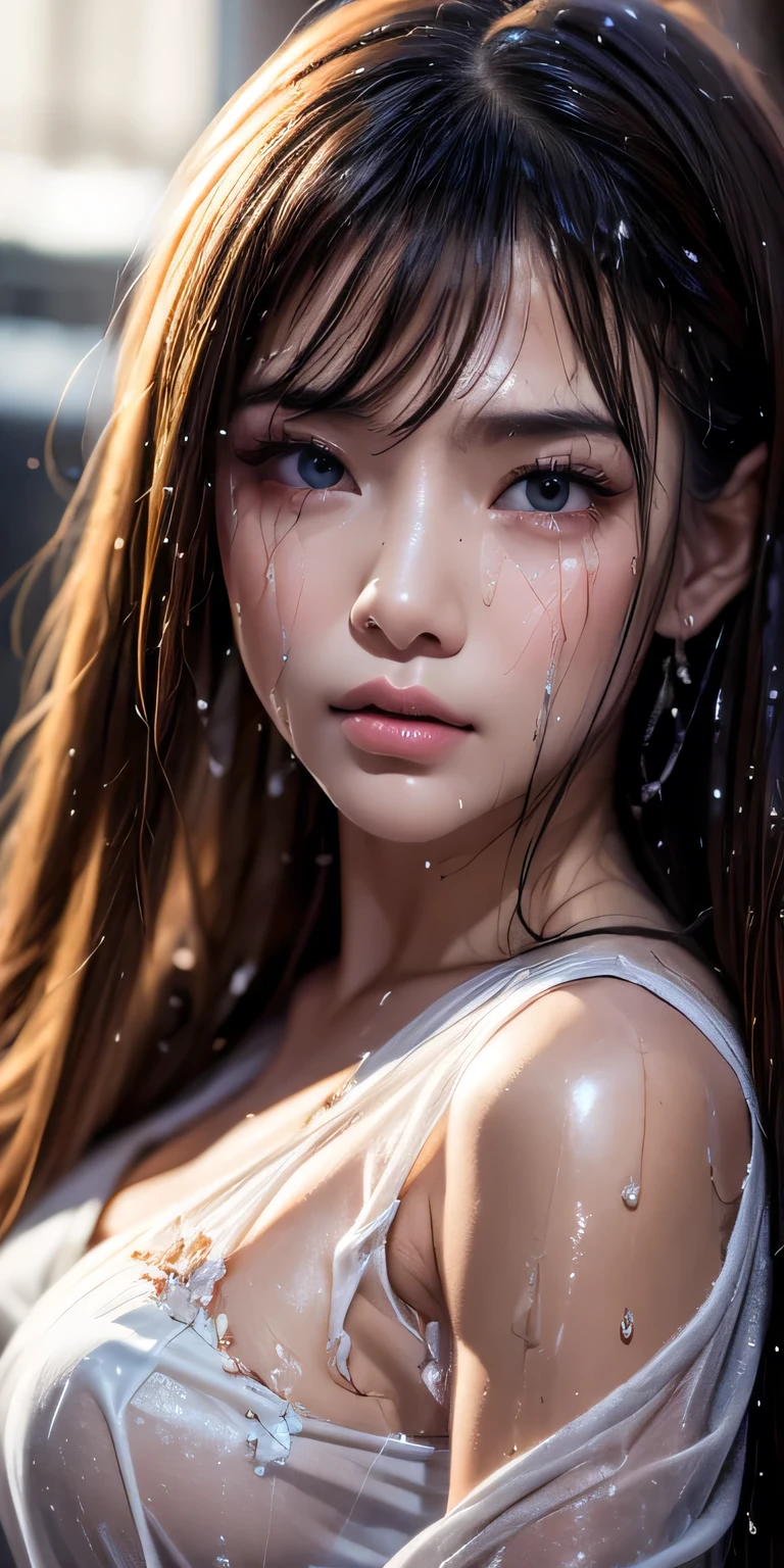 Best quality, masterpiece, super high resolution, (fidelity: 1.4), (photorealistic: 1.2), (sharp focus), photo, one girl, beautiful face, detailed and perfect face, acting in drama audition, (sadness), white shirt, dim, dark, hopeless, pathetic, pitiful, cinematic, tears, tears, (torn clothes: 1.5), (wet clothes: 1.4), (bare shoulders), (real rain), (wet hair), (glow effect, rain legs,),