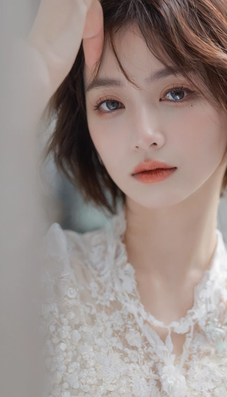 xxmixgirl, analog style, eye focus, highest quality, (highly detailed skin), photo of a exquisitely beautiful pale skin, 21yo, perfect face, alluring eyes, (seductive makeup: 1.3), skin pores, (bokeh:1.5), sharp focus, dappled lighting, (backlighting), film grain, (highly detailed, intricately detailed), 8k, HDR, front view, studio light, Ultra-detailed face, Detailed eyes, (Double eyelid: 1.4), Alice toggle, brown eye, (commercial: 1.6), (seductive makeup), ((white studio background))