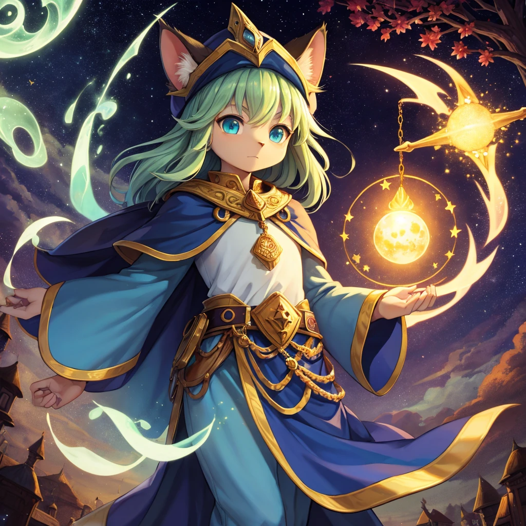 Em um vilarejo antigo, vive um gato muito especial, conhecido por todos como o Gato-Mago. De olhos esmeralda brilhantes e uma pelagem cinzenta como a noite, ele veste uma capa de mago que reluz com estrelas cintilantes. A capa, longa e majestosa, It is embroidered with mystical symbols that seem to shine in the moonlight. with an air of mystery, ele percorre as ruas com passos silenciosos, its enigmatic presence attracting looks of admiration and respect. The Magician Cat is no ordinary feline. He has magical abilities that leave the villagers amazed.. Your pointy hat, adornado com uma lua crescente, Swings gracefully with every movement. The children run after him, hoping to see some magic trick. He is known for his wisdom and helping those in need, whether with a simple spell for a bountiful harvest or with wise advice to resolve disputes. Nas noites estreladas, o Gato-Mago pode ser visto sentado no topo do monte mais alto, meditating and communicating with cosmic forces. They say he is the keeper of ancient secrets and that his mission is to protect the balance between good and evil.. Village elders often look to you for guidance in times of uncertainty. Even the most skeptical cannot deny the power and mystery that emanate from the Cat-Mage. Your starry cape is a symbol of hope, um lembrete de que a magia, even in the most difficult times, sempre encontra um jeito de se manifestar.