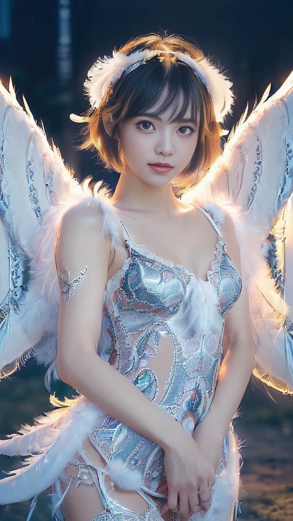 (A Ultra cute young Japanese Angel:1.75), (She has real Angel wings:1.75),(she wearing a decorated with feathers and lace holy angel costume slim fit:2.0),(She is an angel floating in the air:1.5),(beautiful detailed eyes:2.0),beautiful detailed lips, (extremely detailed cute face:2.0), longeyelashes, (slender woman body:2.0), (beautiful short hair:2.0), (natural makeup:1.2),big smile, incredibly beautiful skin,(professional lighting, bright lighting, photorealistic, 8k, high resolution, best quality, masterpiece, ultra-detailed:1.75), vivid colors, (Moonlit Night:1.5),(The moonlight shines on her face:1.2)