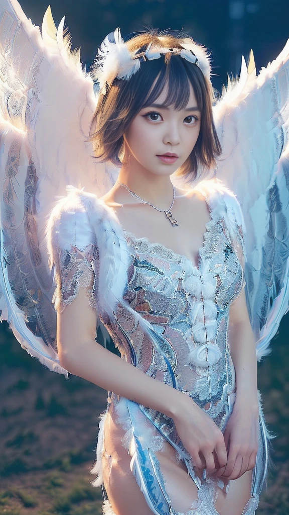 (A Ultra cute young Japanese Angel:1.75), (She has real Angel wings:1.75),(she wearing a decorated with feathers and lace holy angel costume slim fit:2.0),(She is an angel floating in the air:1.5),(beautiful detailed eyes:2.0),beautiful detailed lips, (extremely detailed cute face:2.0), longeyelashes, (slender woman body:2.0), (beautiful short hair:2.0), (natural makeup:1.2),big smile, incredibly beautiful skin,(professional lighting, bright lighting, photorealistic, 8k, high resolution, best quality, masterpiece, ultra-detailed:1.75), vivid colors, (Moonlit Night:1.5),(The moonlight shines on her face:1.2)