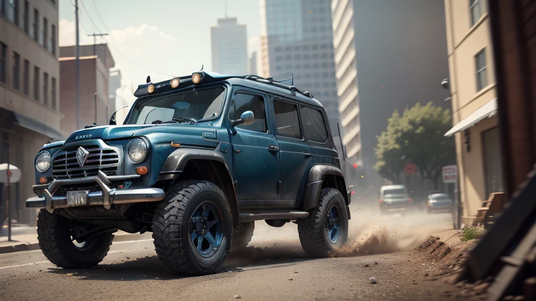 dark bluish-dark-gray metallic 4x4 1950s SUV in motion, fantasy, no logo, urban, 1950s, worm colors, a small building, High detailed, Color magic, Saturated colors, Color saturation, Realism, 8K, HD