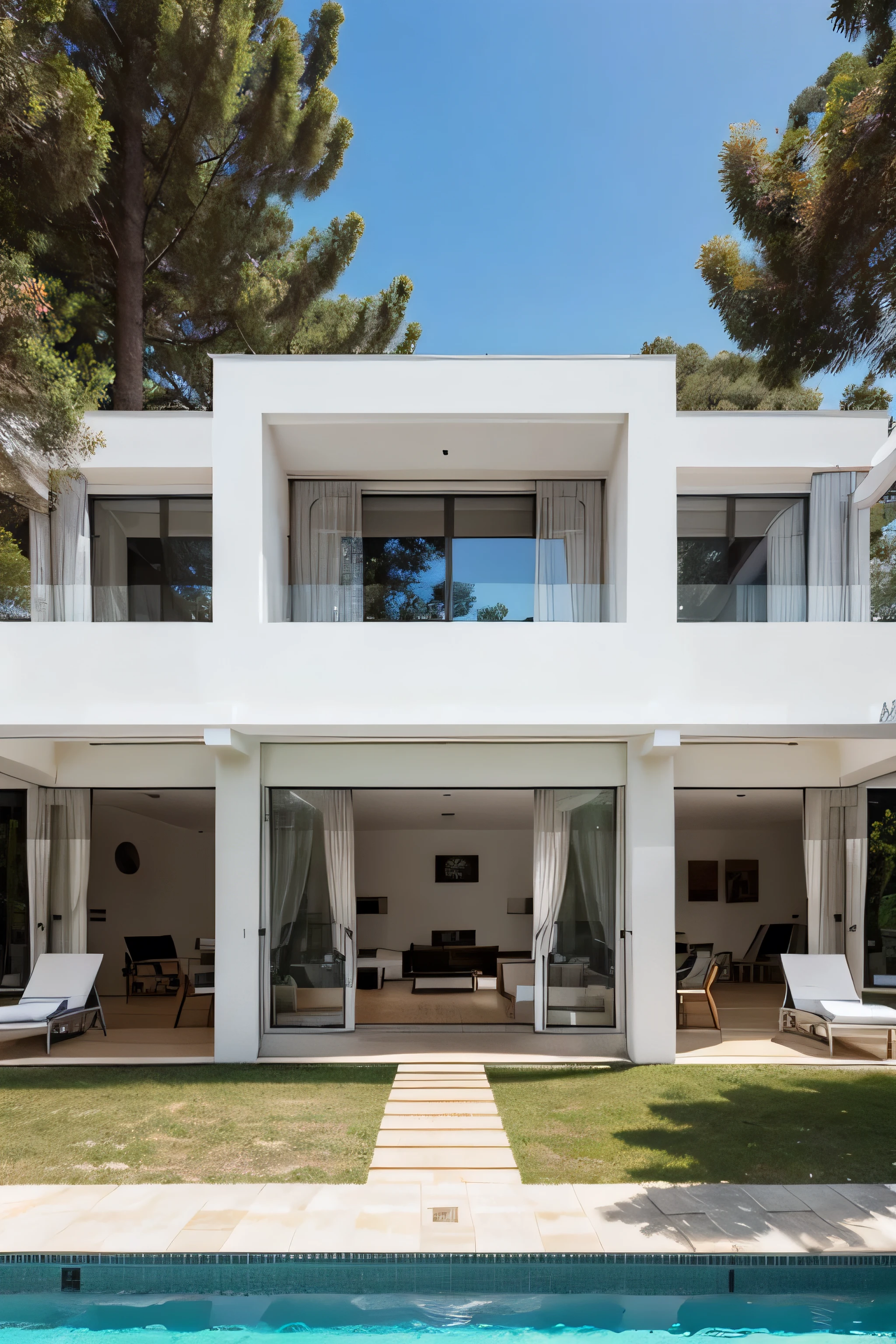 unique modern white house, con ventanas grandes de aluminio, puerta corredera grande, con una piscina, Brown bioclimatic pergola with a table and four chairs, in the background mountains full of trees.