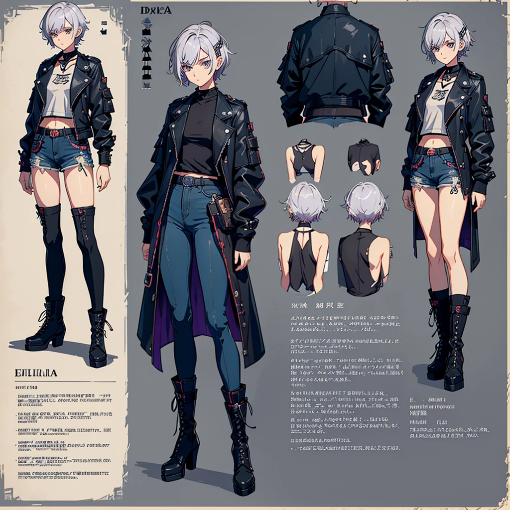 create a character sheet for Eulália Draha, a piscopath with a half-punk, half-cute style, , fair skin, short platinum hair and lilac highlights, blue and gray eyes, short-sleeved shirt with the belly showing dark wine, black jacket black leather jacket, teddy bear hair clip, dark denim shorts with a torn teddy bear hanging on the side of the shorts and medium-high boots, (with emphasis on the teddy bear hanging on the shorts' belt)(anime style)(varied positions)(several positions) (full body)(open arms)(body and face side ways)(body and face from the front)(from the head to the boots)character sheet(full body)body and sideways(body and sideways)caracter sheet(full body)(character sheet)(varied positions)(character sheet)varied positions)(character sheet)(full body)character sheet(character sheet) (varied positions)character sheet(varied positions)full body(full body)(body and face sideways)(sideways full body)character sheet(character sheet)