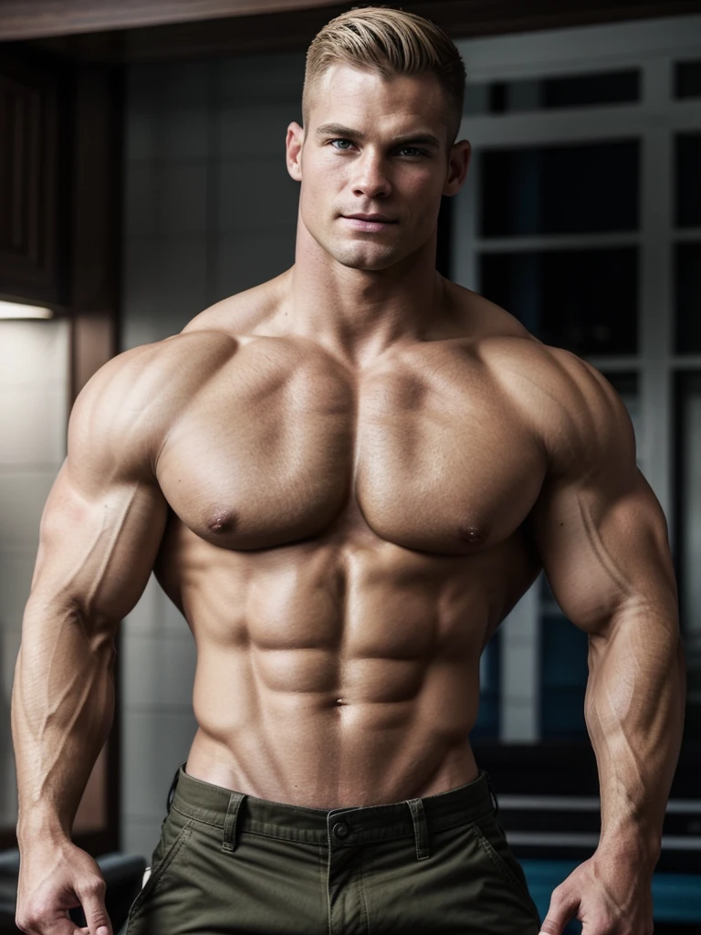 I was just about to give up when the ultimate God of Marines walked into the backroom. He was young - probably no more than 22 but that was VERY mature to me! He had a high and tight' and was wearing his shore-leave khaki's. He had blonde hair and piercing blue eyes. His clothes showed that he was very well built. The sleeves of his shirt were almost too tight around his bulging biceps and he showed a basket that promised a large organ for me to "play".