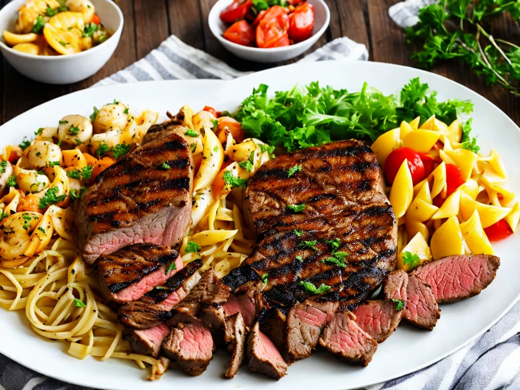 Beef steak, grilled chicken and seafood pasta, each on a white plate.