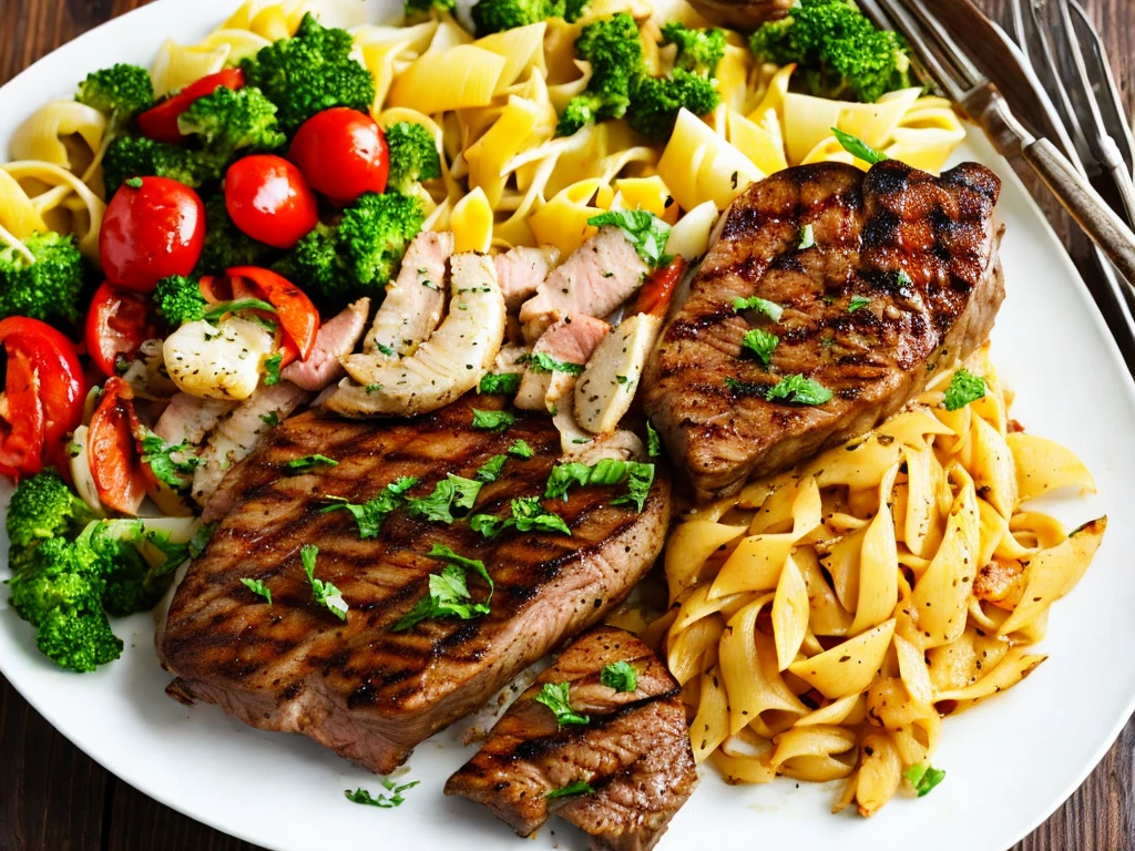 Beef steak, grilled chicken and seafood pasta, each on a white plate.