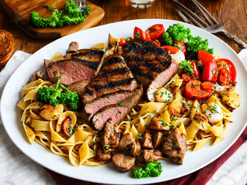 Beef steak, grilled chicken and seafood pasta, each on a white plate.